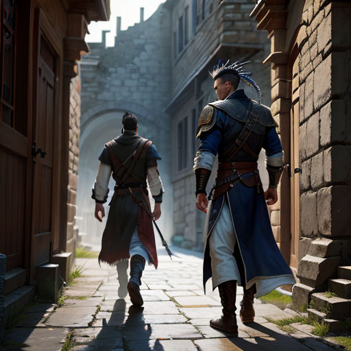 two men in medieval costumes walking down a street in a medieval town with stone buildings and cobblestones