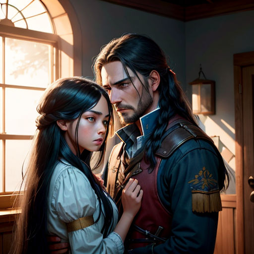 a man and a woman standing next to each other in a room with a window and a door in the background