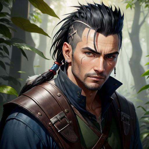 a man with a mohawk and a leather jacket in a jungle setting with trees and bushes behind him, looking at the camera