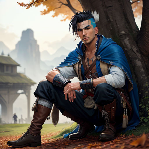 a man sitting on the ground next to a tree in a forest with a castle in the background and a person standing in the background