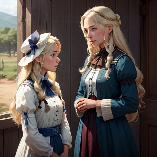 two women dressed in historical clothing standing next to each other in front of a barn door with a horse