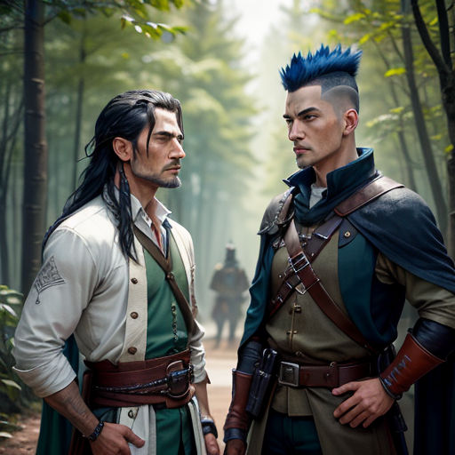 two men in medieval costumes standing in a forest looking at each other with blue hair and mohawks on