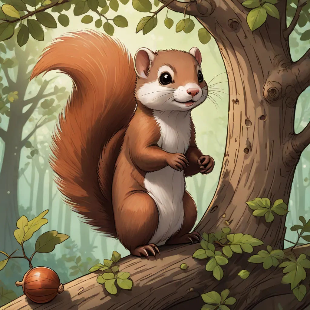 a squirrel is standing on a tree branch in the forest with acorns and leaves around it, looking at the camera, Chris LaBrooy, furry art, a storybook illustration, official art