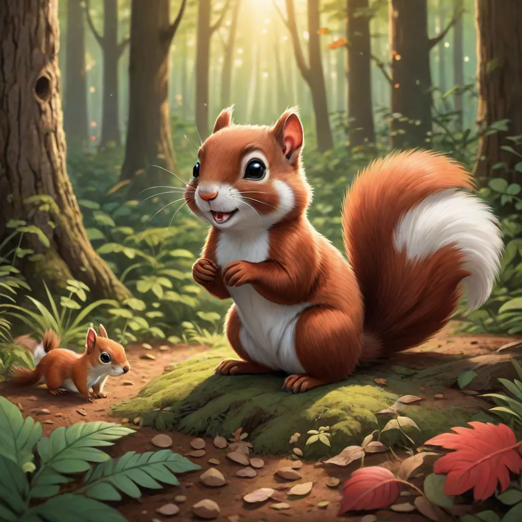 a squirrel and a squirrelling in a forest with sunlight coming through the trees and leaves on the ground, Chris LaBrooy, sots art, a digital painting, official art