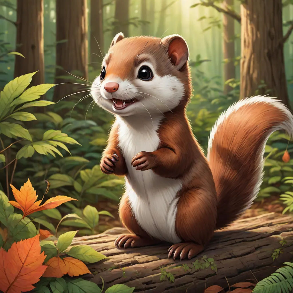 a squirrel is standing on a log in the woods with leaves around it and smiling at the camera with a smile on his face, Chris LaBrooy, furry art, a digital painting, official art