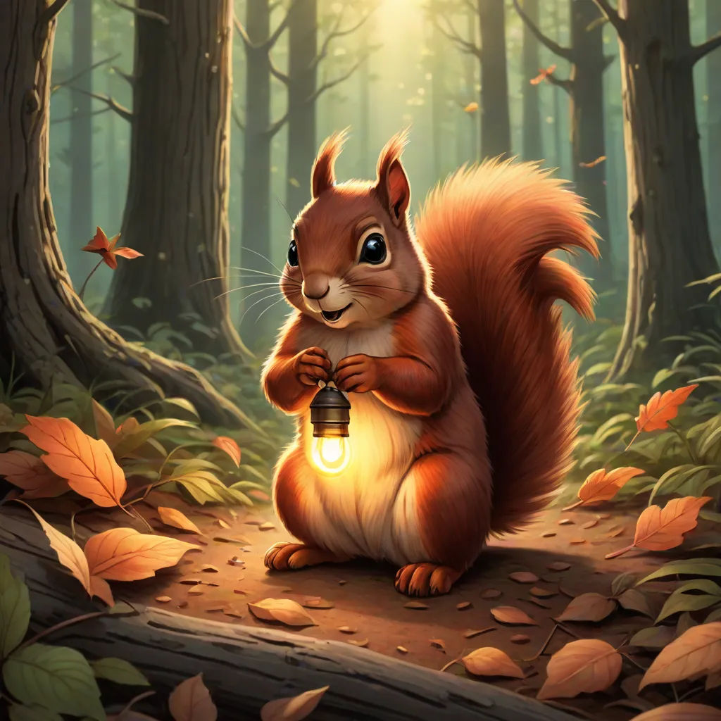 a squirrel holding a lantern in a forest with leaves on the ground and a light shining on it's face, Chris LaBrooy, fantasy art, an airbrush painting, official art