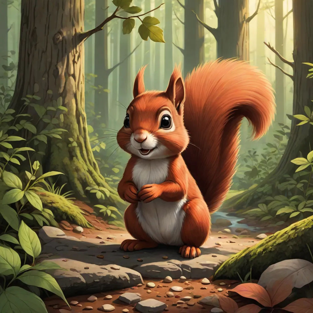 a squirrel standing on a path in a forest with leaves and rocks on the ground and a stream running through the woods, Chris LaBrooy, furry art, a digital painting, official art