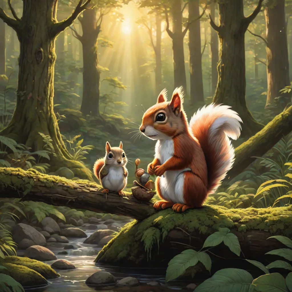 a painting of a squirrel and a squirrel cub sitting on a log in a forest with a stream running through it, Chris LaBrooy, american scene painting, a storybook illustration, official art