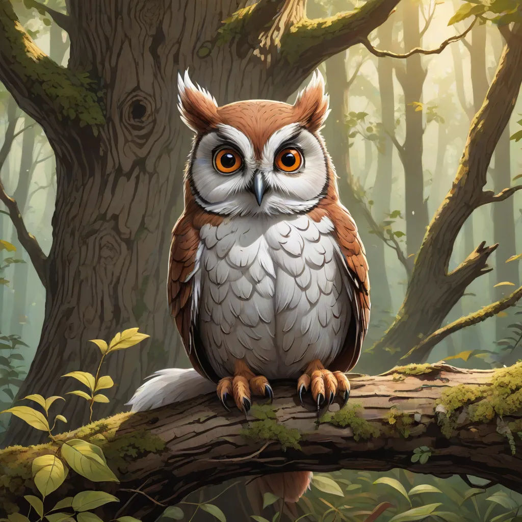 a painting of an owl sitting on a tree branch in a forest with green leaves and a tree trunk, Chris LaBrooy, fantasy art, a storybook illustration, magic the gathering artwork