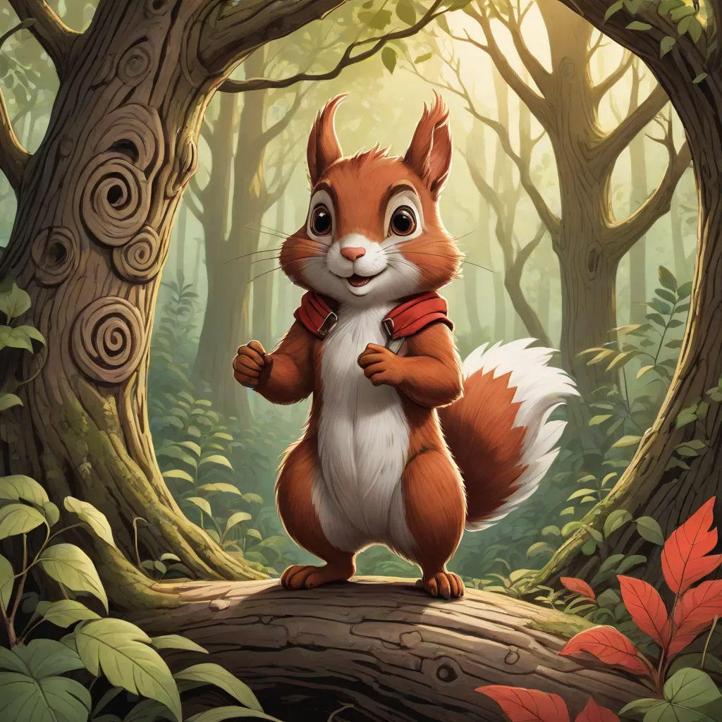 a squirrel standing on a log in a forest with a red scarf around its neck and a red scarf around its neck, Chris LaBrooy, sots art, a character portrait, official art