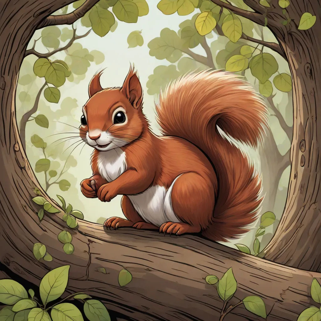 a squirrel sitting on a tree branch in a forest with leaves around it and looking at the camera with a surprised look on its face, Chris LaBrooy, furry art, a storybook illustration, official art