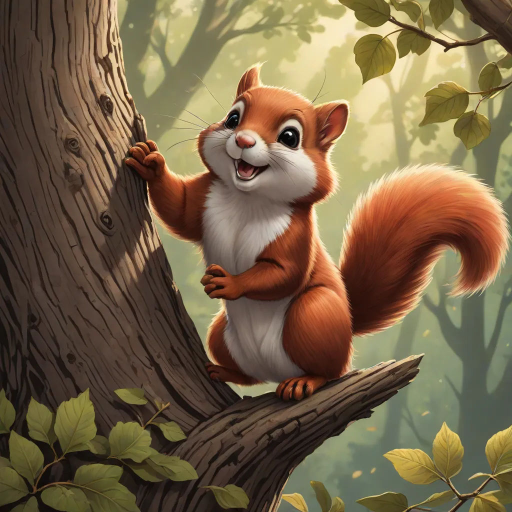a squirrel is standing on a tree branch and smiling at the camera while holding onto the trunk of a tree, Chris LaBrooy, sots art, a digital painting, official art