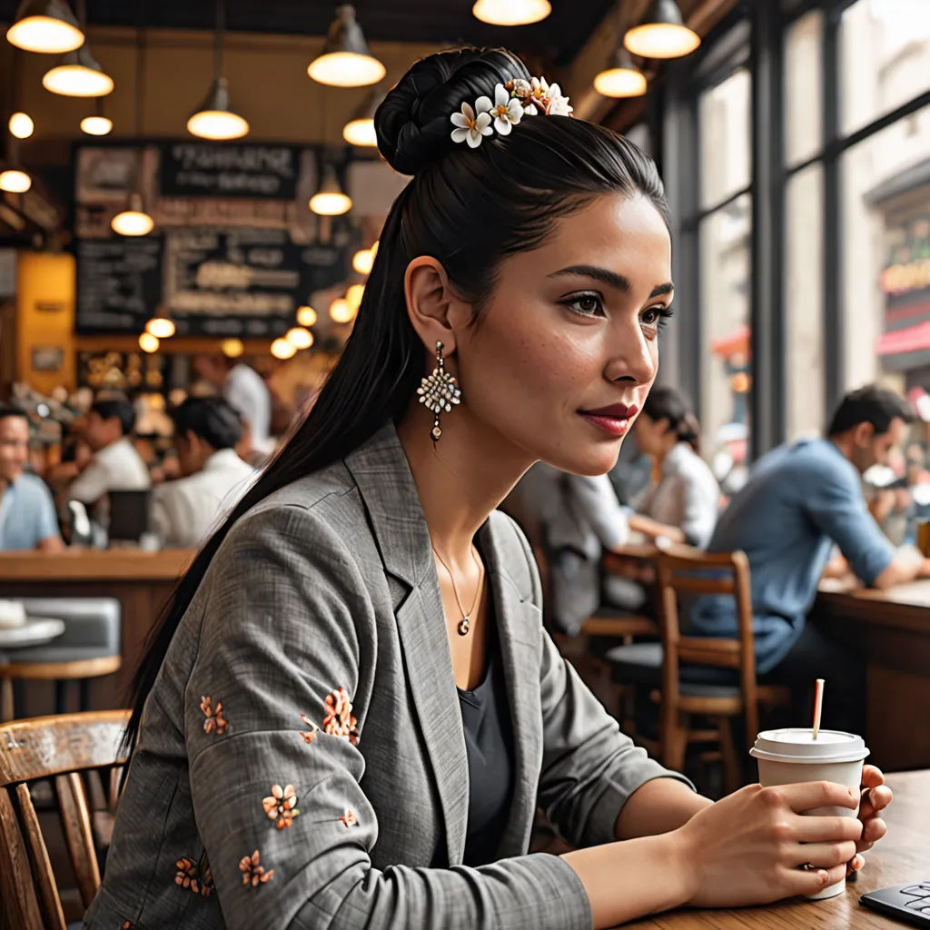 a woman sitting at a table with a cup of coffee in front of her and a laptop on the table, a stock photo, affinity photo, art nouveau, Elina Karimova