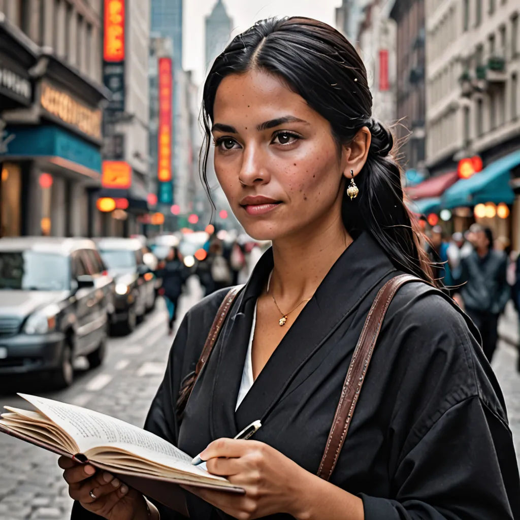 a woman is standing on a street holding a book and pen in her hand and looking at the camera, a character portrait, promotional image, private press, Amalia Lindegren