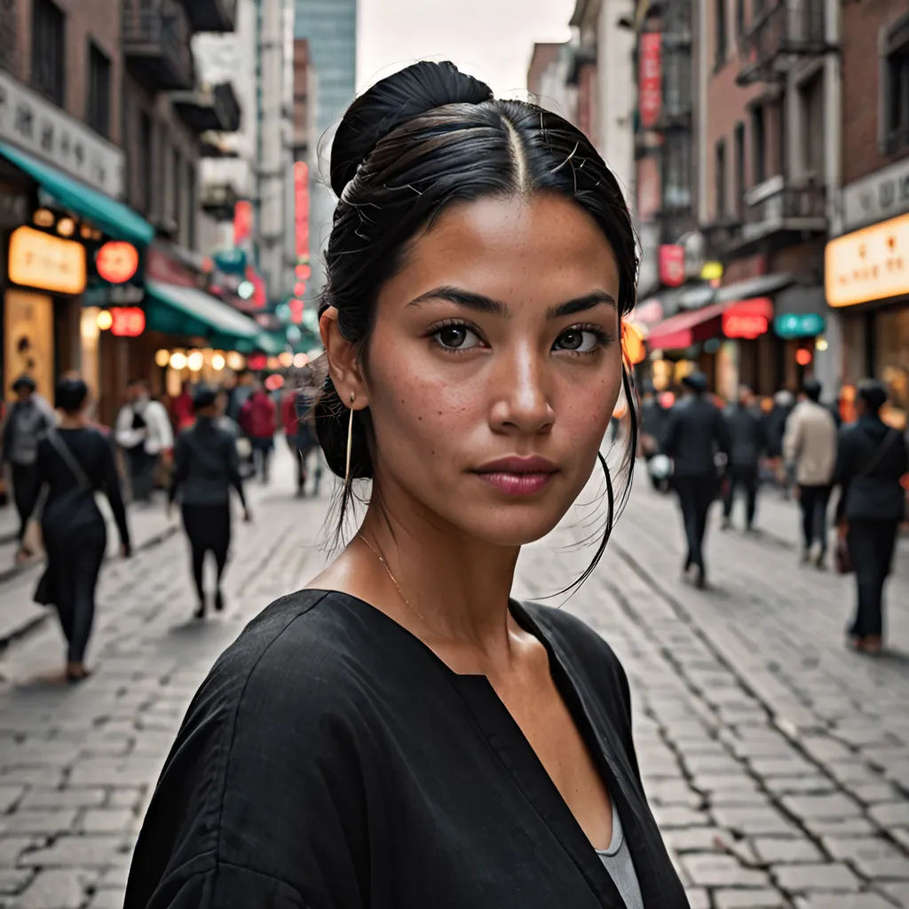 a woman standing on a street with a lot of people walking around her and a building in the background, a character portrait, portrait photography, neoism, Fang Congyi