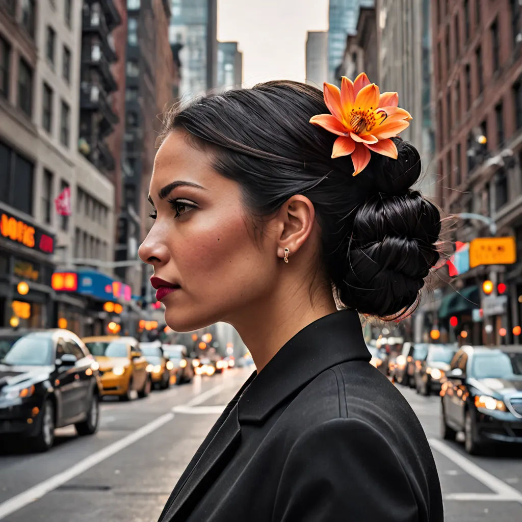 a woman with a flower in her hair on a city street with cars and buildings in the background,, a character portrait, promotional image, art photography, Araceli Gilbert