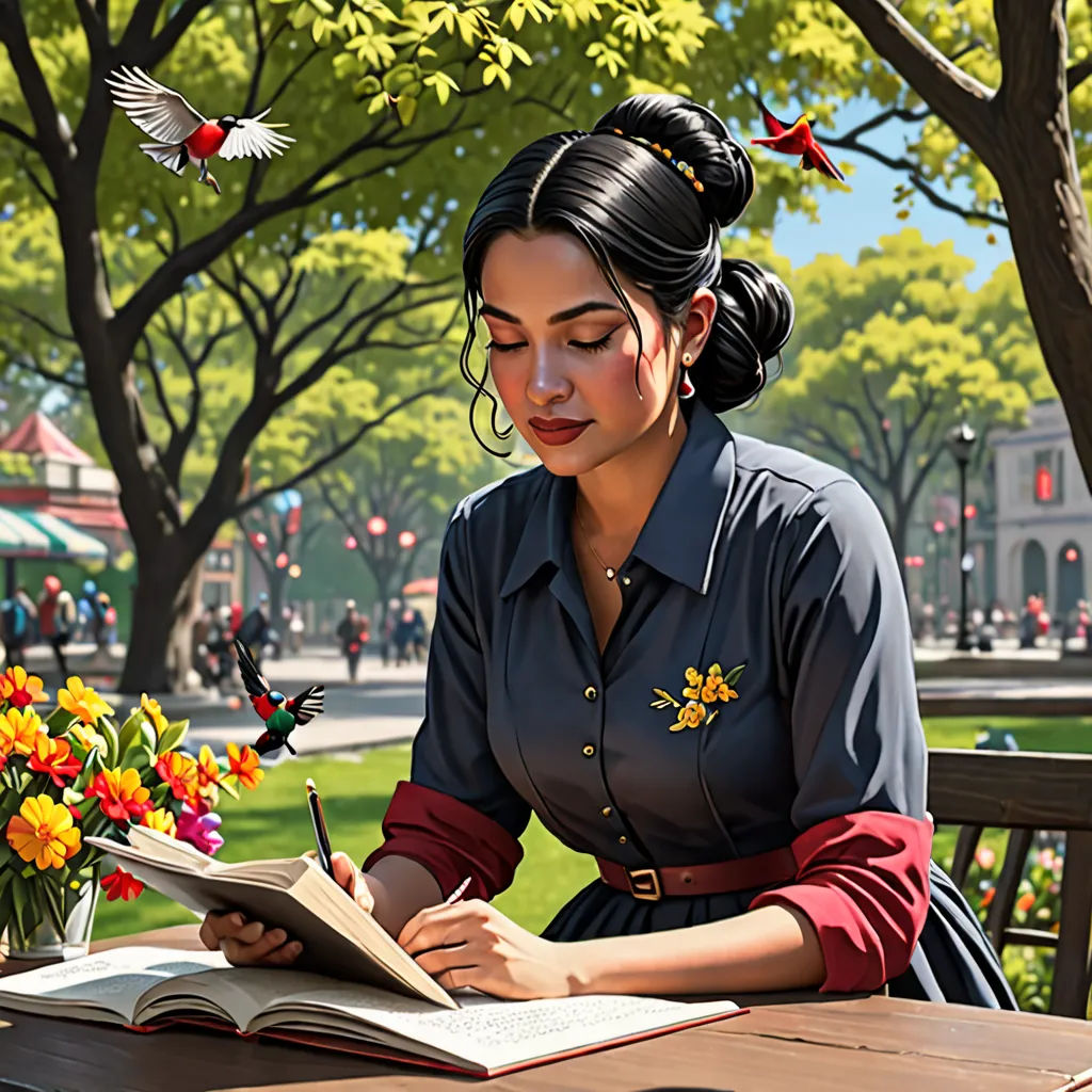 a woman sitting at a table with a book and a pen in her hand and a bird flying over her, a detailed painting, ultra realistic digital art, american scene painting, Evgeny Lushpin
