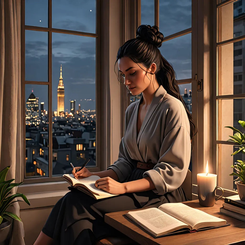 a woman sitting at a desk writing in a book in front of a window with a view of the city, a storybook illustration, highly detailed digital painting, photorealism, Evgeny Lushpin
