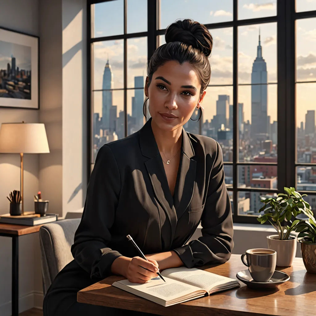 a woman sitting at a desk with a book and pen in her hand and a cup of coffee in front of her, a stock photo, photorealistic portrait, photorealism, artist