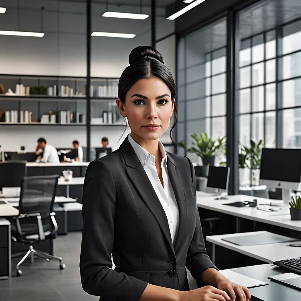 a woman in a suit standing in an office setting with a laptop on a desk and a monitor on a desk, a stock photo, professional, arbeitsrat für kunst, Araceli Gilbert