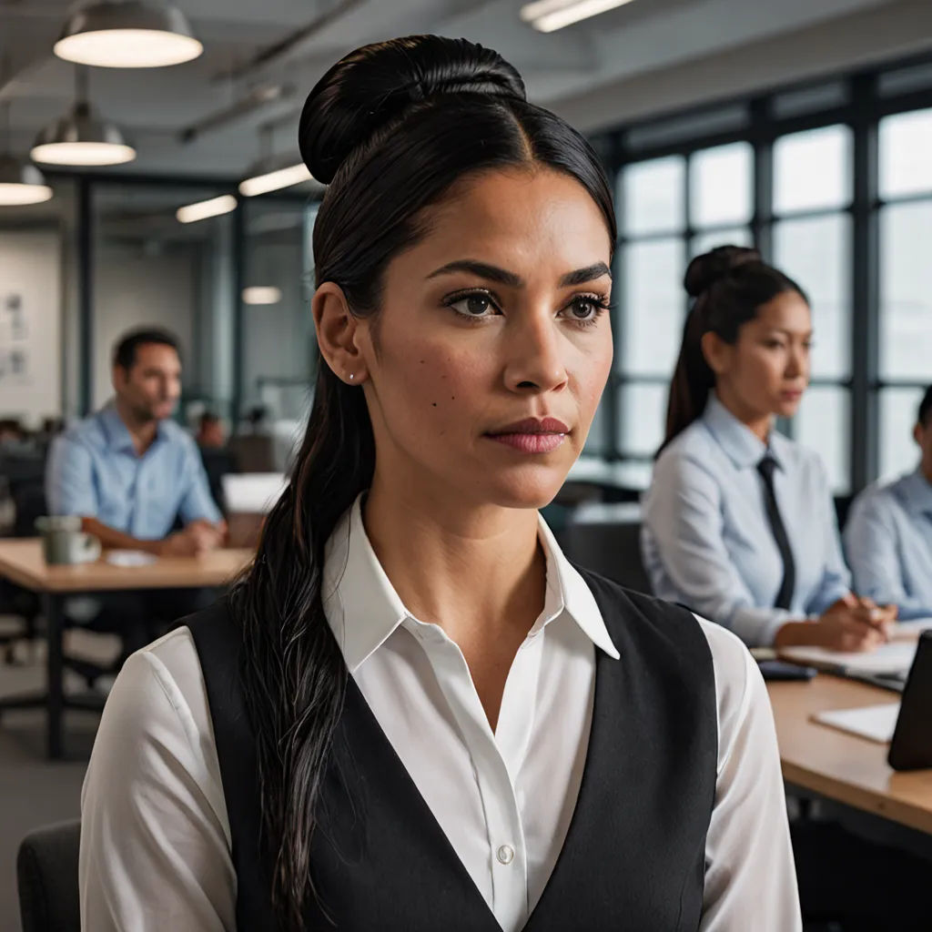 a woman in a business suit standing in front of a group of people in a meeting room with a laptop, a stock photo, promotional image, arbeitsrat für kunst, Araceli Gilbert