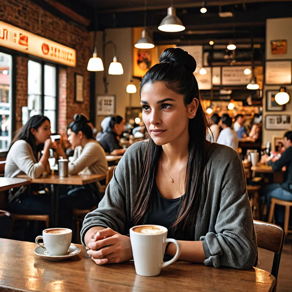 a woman sitting at a table with a cup of coffee in front of her and people sitting at tables in the background, a stock photo, portrait photography, american barbizon school, Araceli Gilbert
