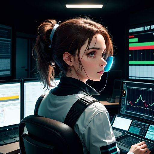 a woman in a white shirt is sitting in front of a computer screen and looking at the screen with a chart on it
