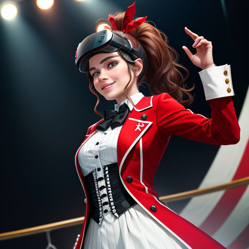 a woman dressed in a red and white uniform pointing to something with a hat on her head and a red and white striped jacket
