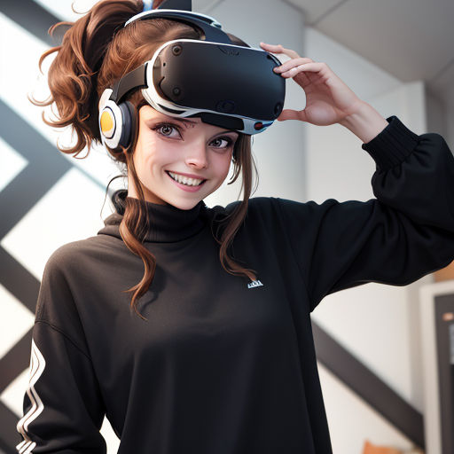 a woman wearing a headset and a black shirt with a black top and a black top with a white logo