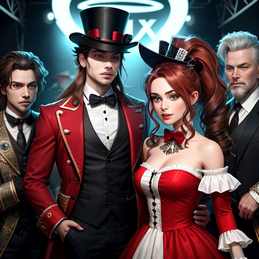 a group of people in fancy clothes standing next to each other in front of a stage with a sign that says x