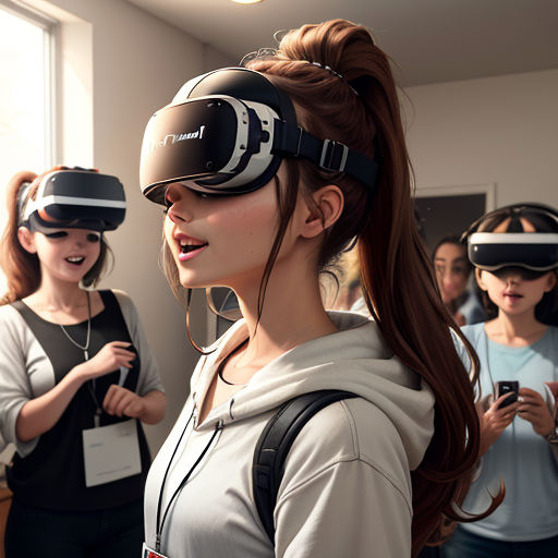 a woman wearing a virtual reality headset and a backpack is standing in front of a group of women