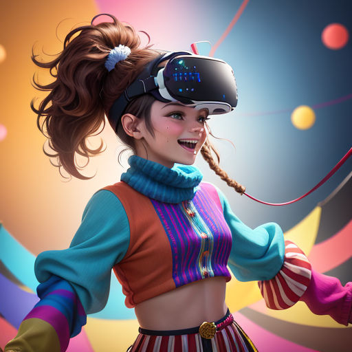 a woman with a virtual reality headset on her head and a colorful background with circles and circles around her