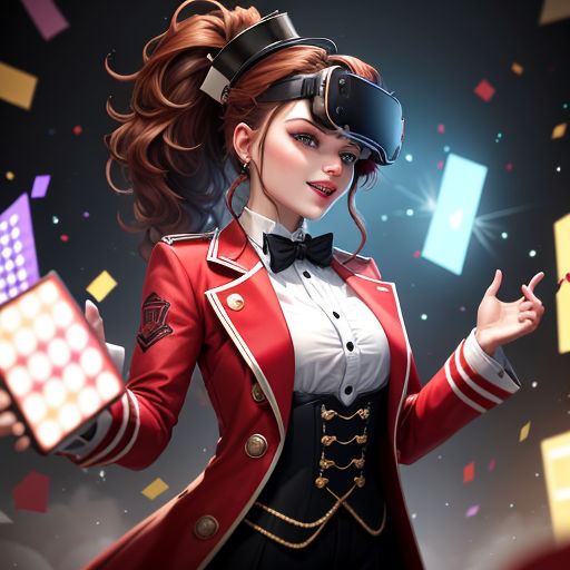 a woman in a red jacket holding a game controller and a box of dices in her hands with a black background