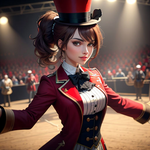 a woman in a circus outfit with a top hat on her head and a crowd of people in the background