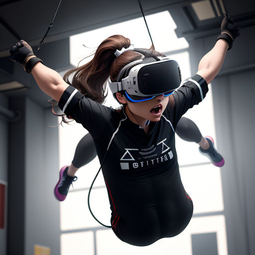 a woman in a virtual reality suit is suspended in the air with a pair of headphones on her head
