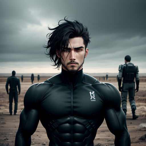 a man with a beard and a black suit on standing in a field with other men in the background