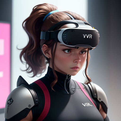 a woman wearing a virtual reality headset in a room with a pink wall and a pink sign behind her