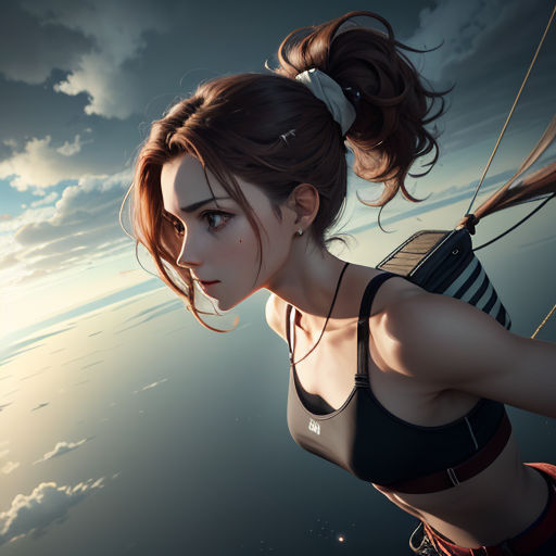 a woman is flying in the air on a parachute with a sky background and clouds in the background,