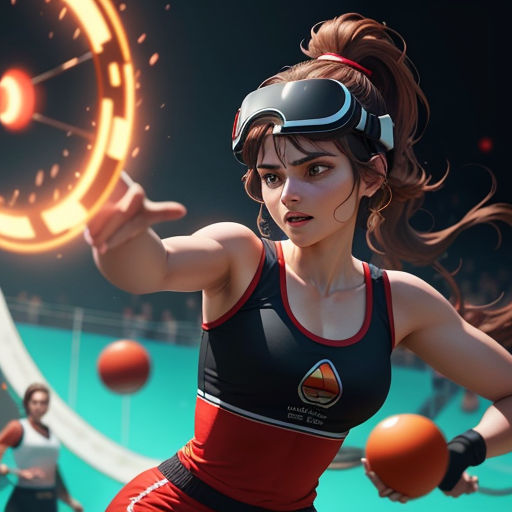 a woman in a virtual reality outfit is playing tennis with a man in the background and a clock on the wall