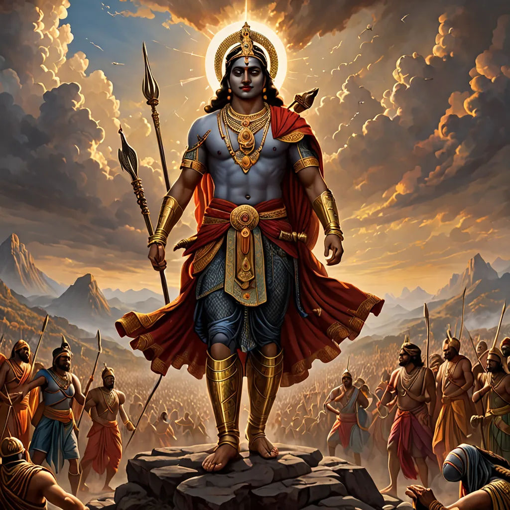a painting of a man standing on a rock with a sword in his hand and other men in the background, a detailed painting, rossdraws global illumination, samikshavad, Bholekar Srihari