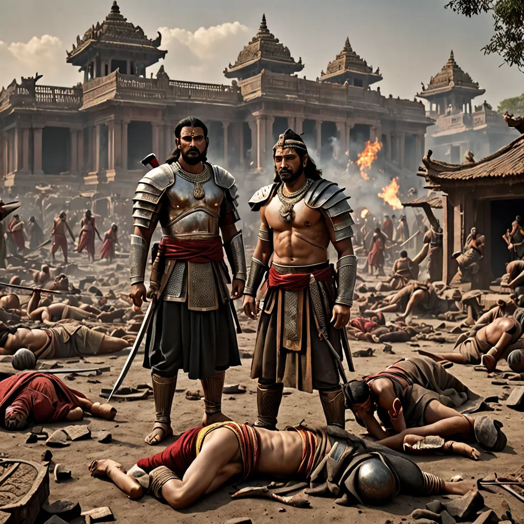 two men standing over a dead body in a large city with a fire burning in the background and a crowd of people, a detailed matte painting, cinematic photography, samikshavad, Bholekar Srihari