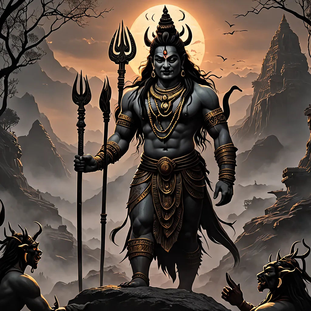 a painting of a demon standing on a rock with a staff in his hand and a demon on his shoulder, a digital painting, highly detailed digital painting, samikshavad, Bholekar Srihari