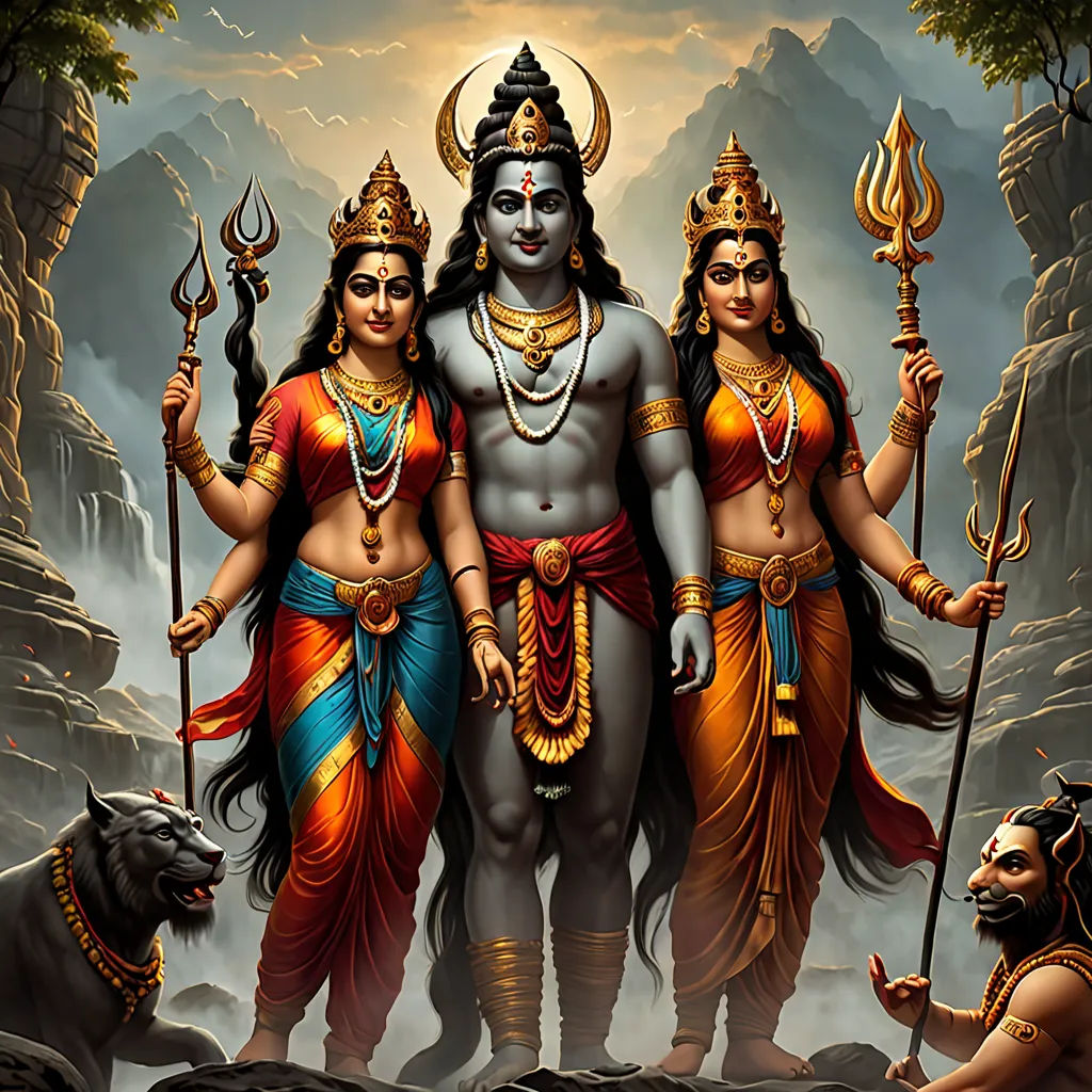 a painting of three deities standing next to each other in a cave with a dog nearby on a cloudy day, a detailed painting, promotional image, samikshavad, Bholekar Srihari