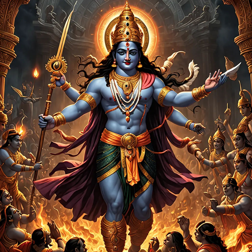 a painting of a god with a sword and a sword in his hand and surrounded by other people in the background, a detailed painting, highly detailed digital painting, samikshavad, Bholekar Srihari