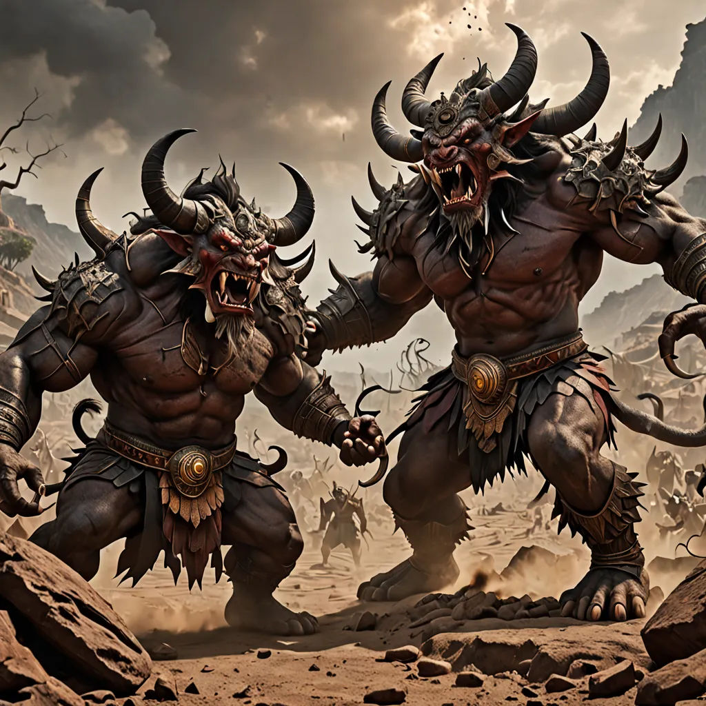 two demonic looking men fighting in a desert area with mountains in the background and clouds in the sky above, concept art, magic the gathering artwork, fantasy art, Chris Rahn