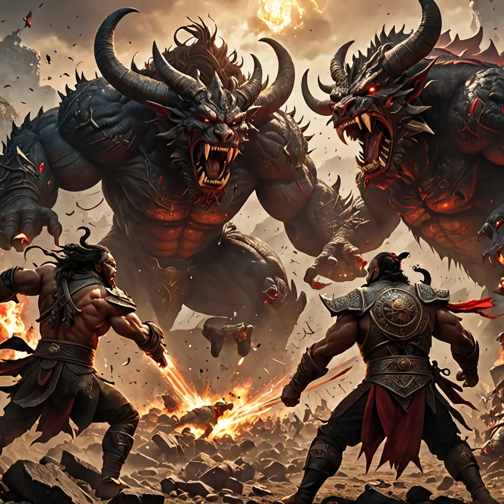 a group of demonic men fighting in a battle with demonic creatures in the background of a dark sky with clouds, concept art, unreal engine 5, fantasy art, Andreas Rocha
