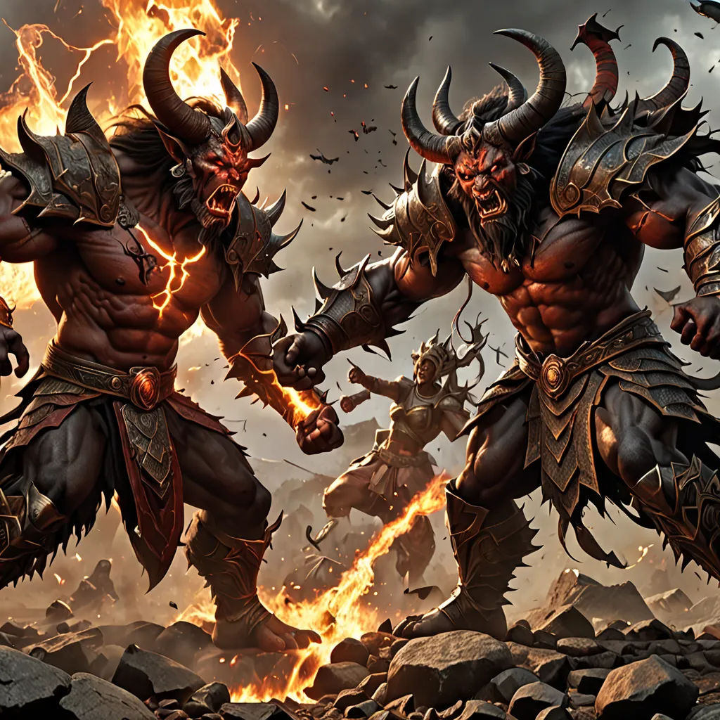 two demonic men fighting in a rocky area with flames in the air behind them, with a dark sky in the background, concept art, magic the gathering artwork, fantasy art, Art of Brom