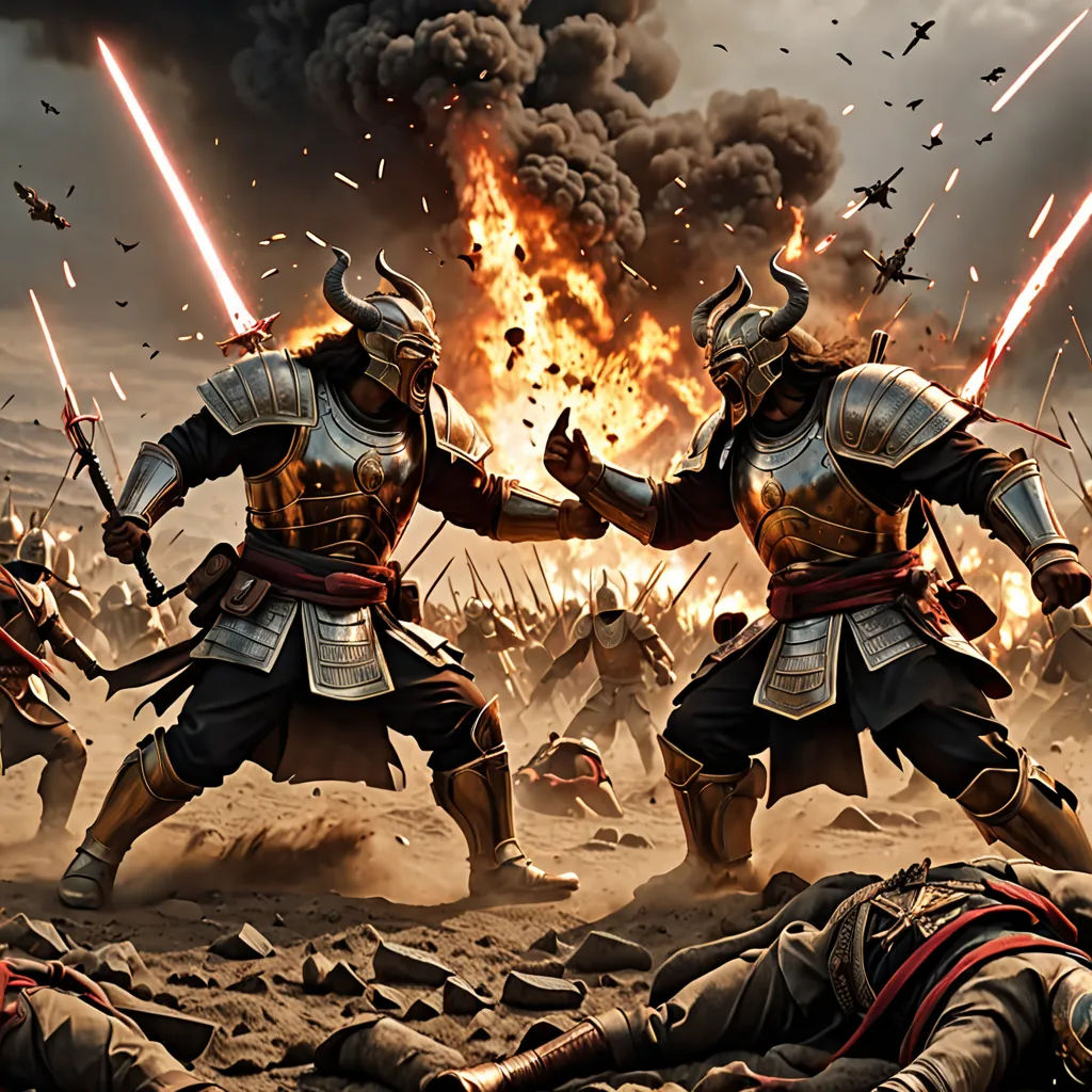 two knights fighting in front of a large fire and a sky background with birds flying overhead and a man laying on the ground, a detailed matte painting, cinematic concept art, fantasy art, Clint Cearley