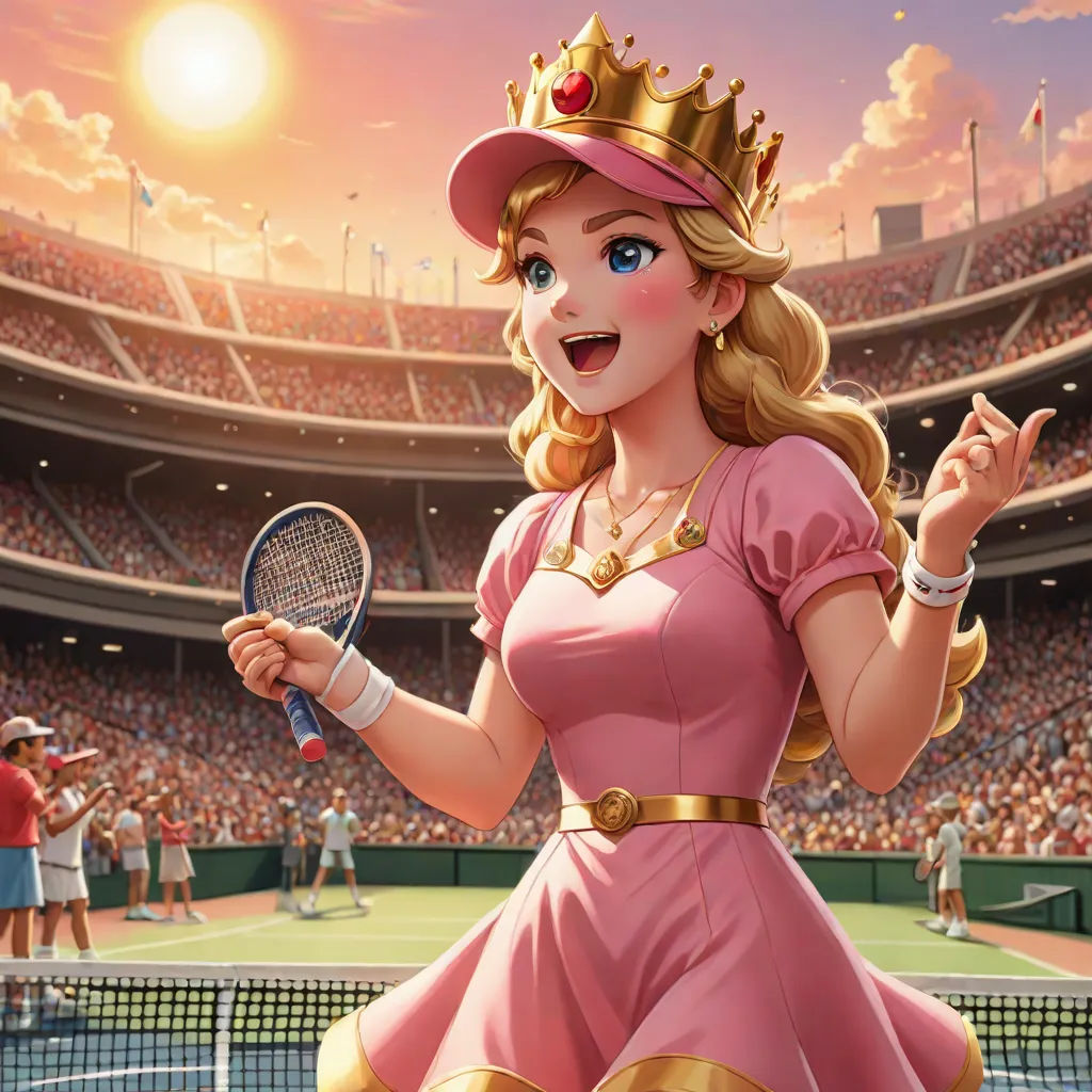 a woman in a pink dress holding a tennis racket in front of a crowd of people in a stadium, sots art, concept art, disney, official art