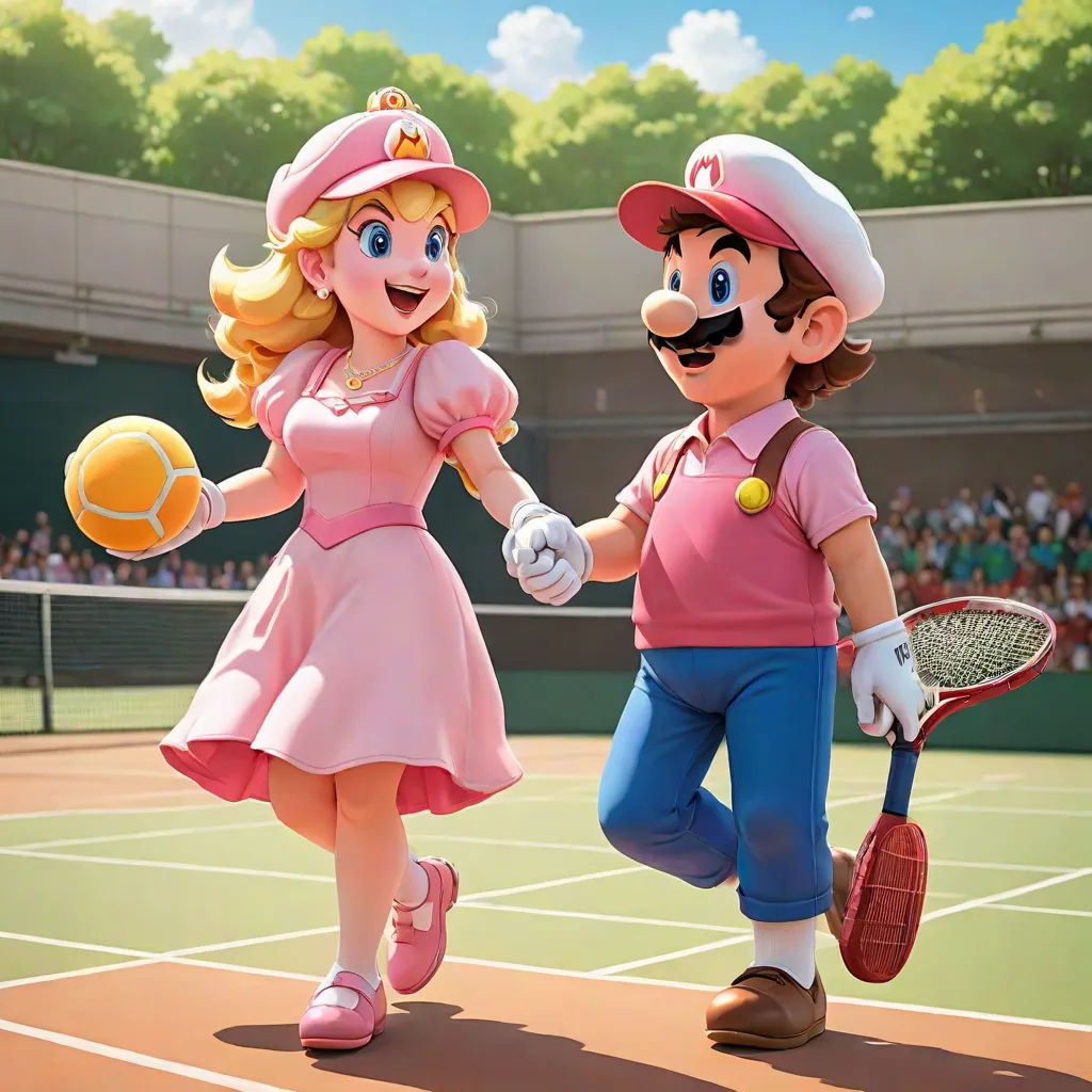 a cartoon of a man and a woman holding tennis racquets on a tennis court with a crowd of people watching, sots art, a painting, Chris LaBrooy, official art